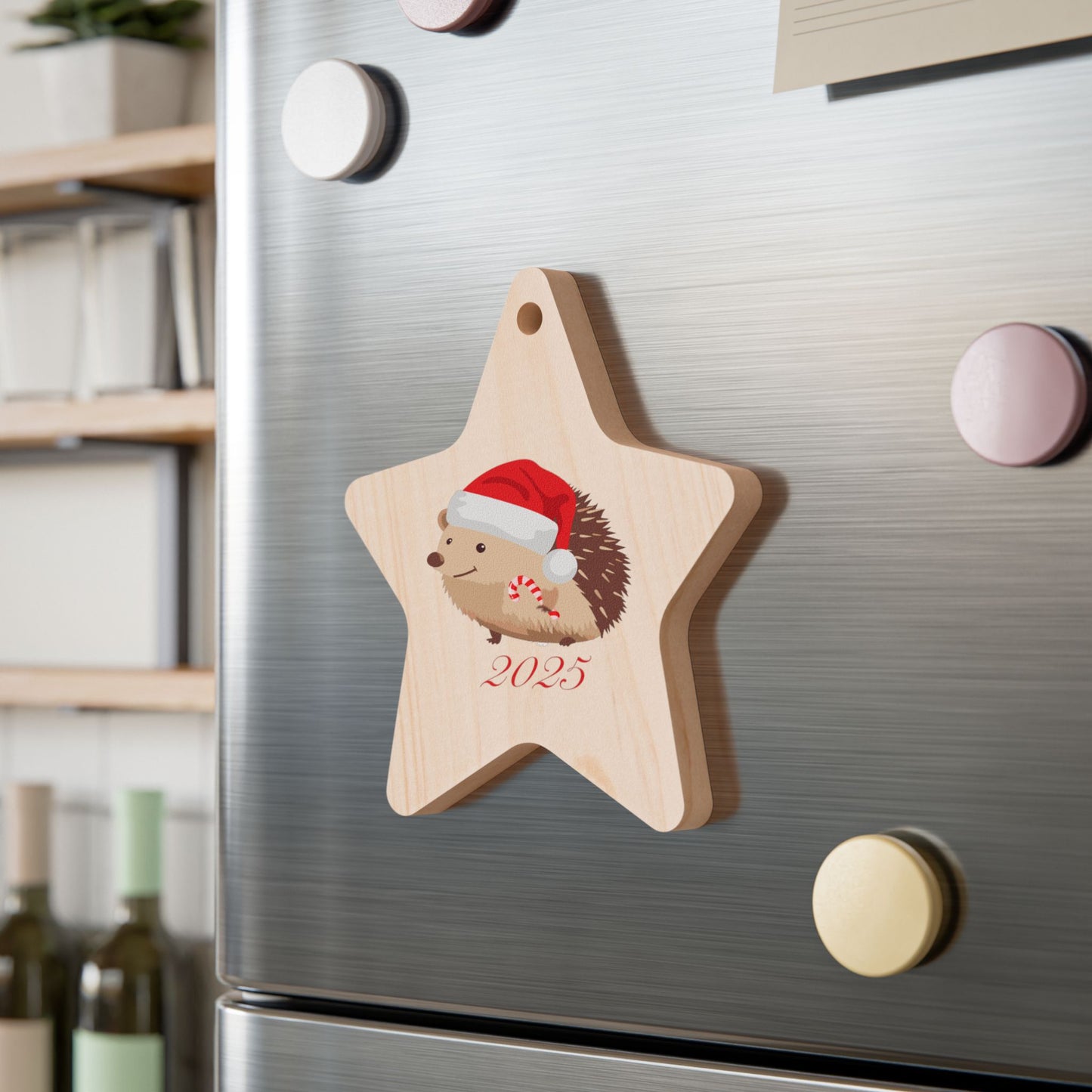 Star-Shaped Wooden Christmas Ornament — Cute Santa Hedgehog 2025 Holiday Decoration, Collectable Ornament