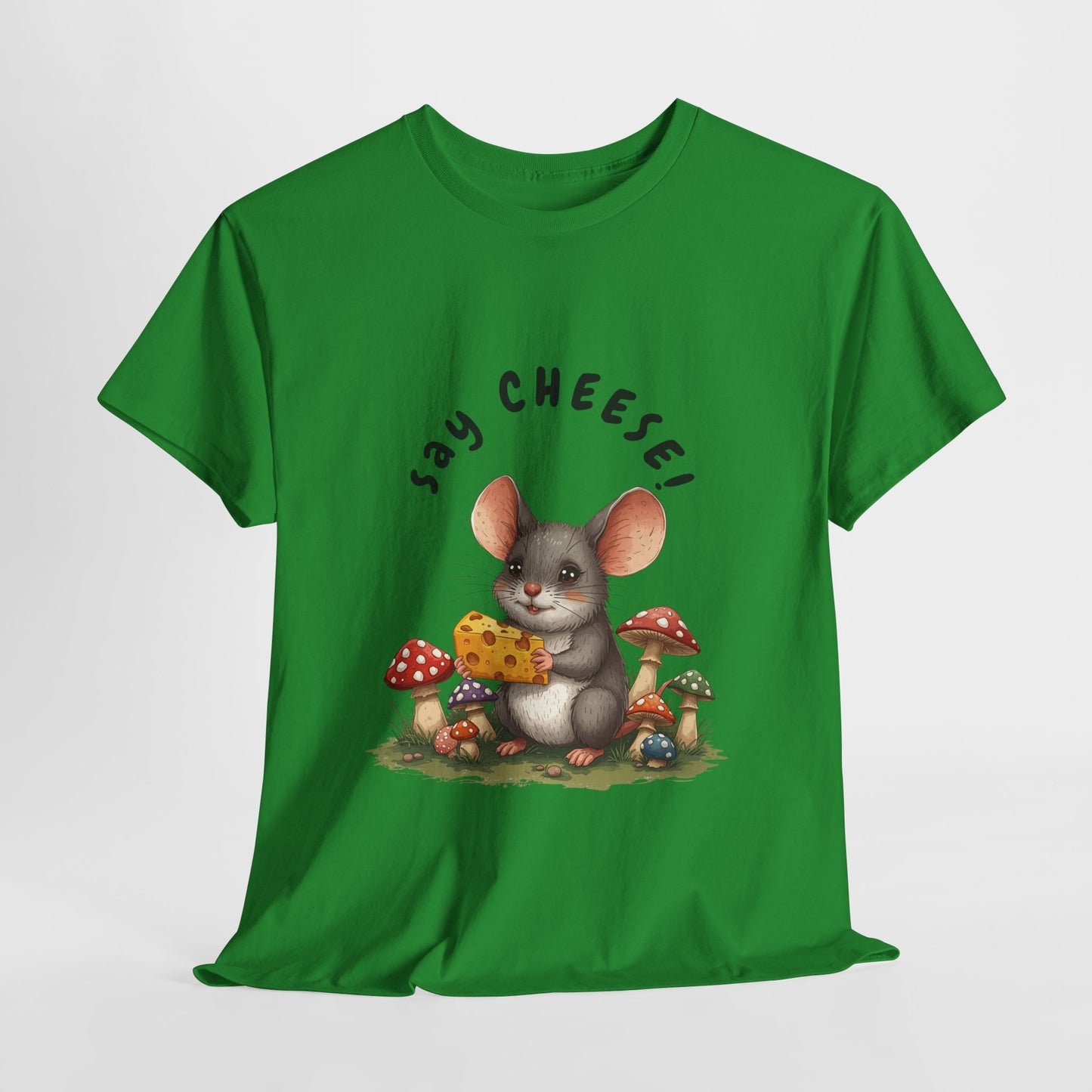 Say Cheese! Cute Mouse Graphic Tee, Say Cheese Unisex Heavy Cotton Tee, Whimsical T-Shirt, Nature Lover Gift, Fun Animal Apparel, Playful Fashion