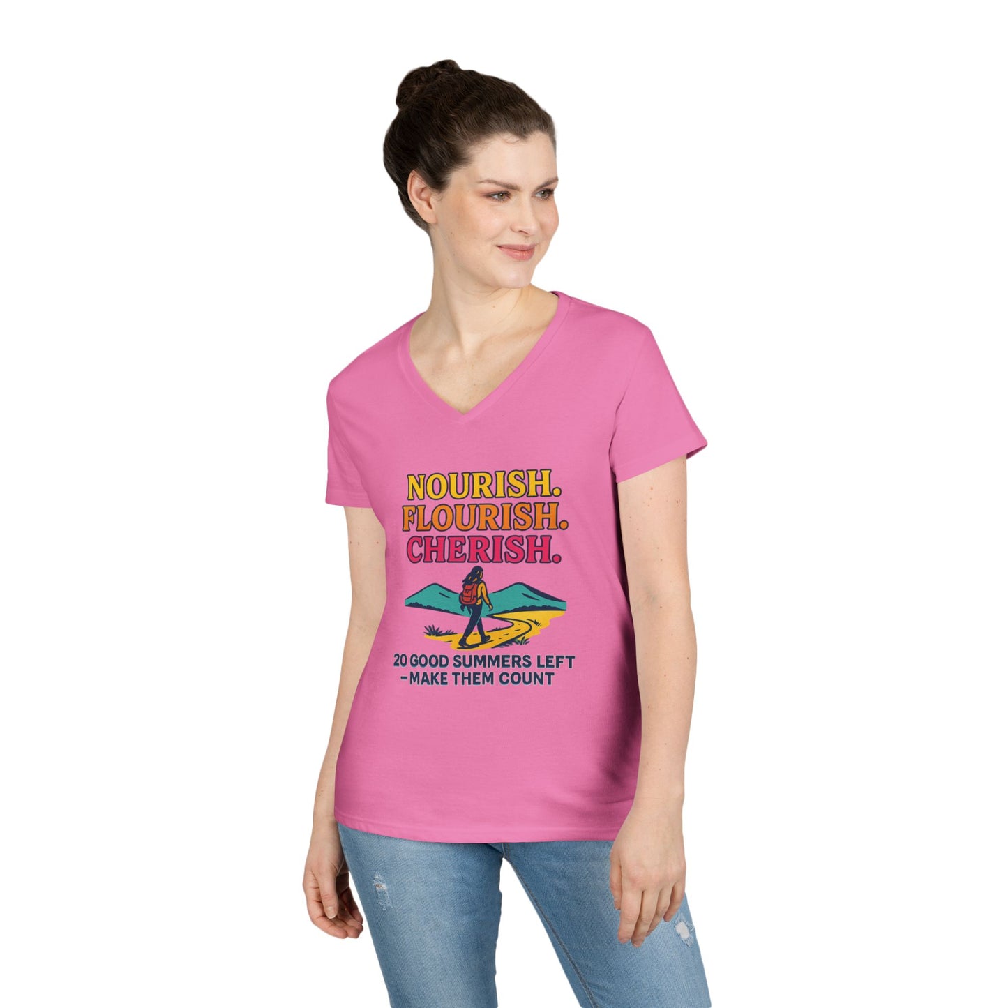 Nourish Flourish Cherish V-Neck Tee — 20 Good Summers Left Inspirational Women's Shirt