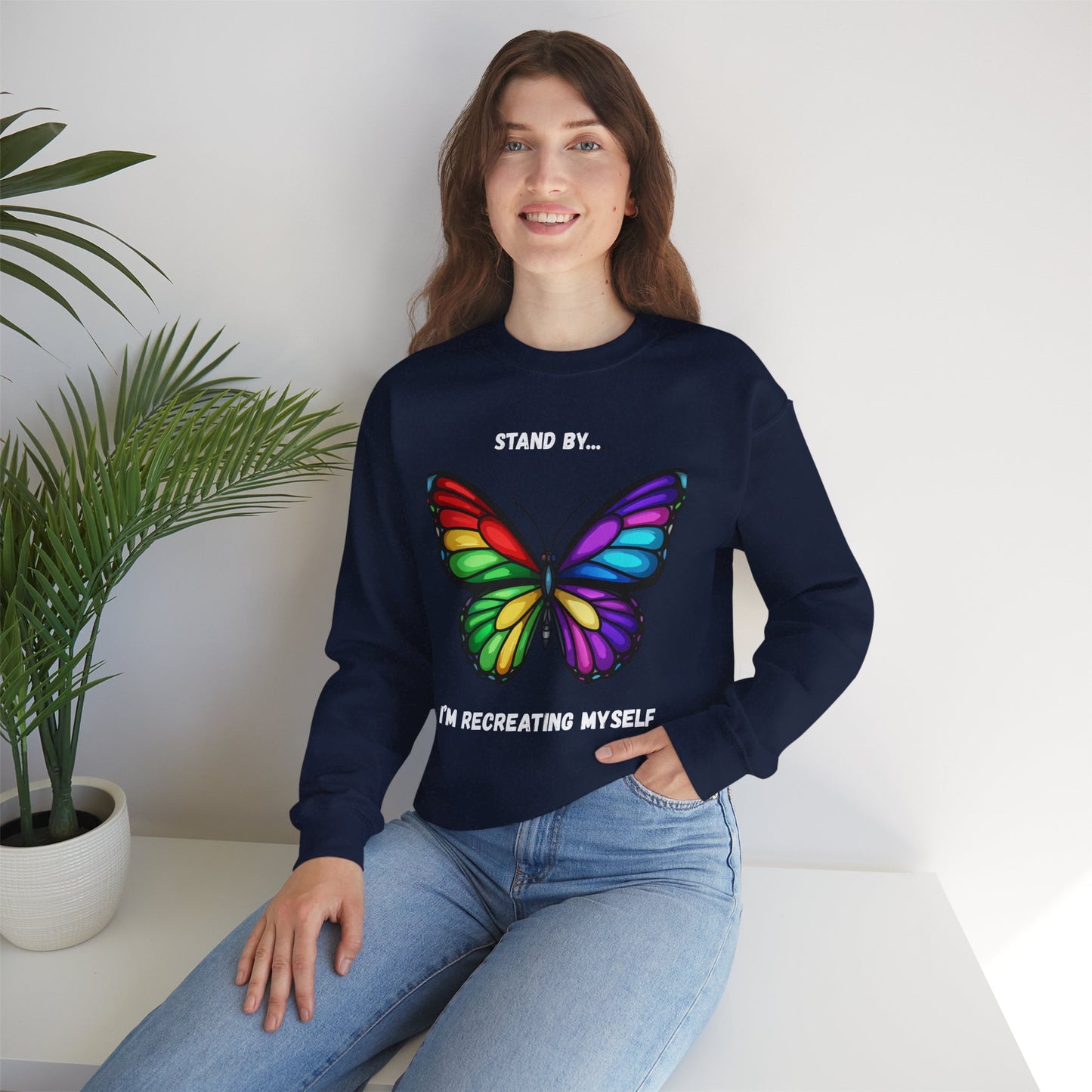 Colorful Butterfly Inspirational Crewneck Sweatshirt, Relaxed Fit, Perfect for Personal Growth Gifts, Self-Discovery, Cozy Apparel