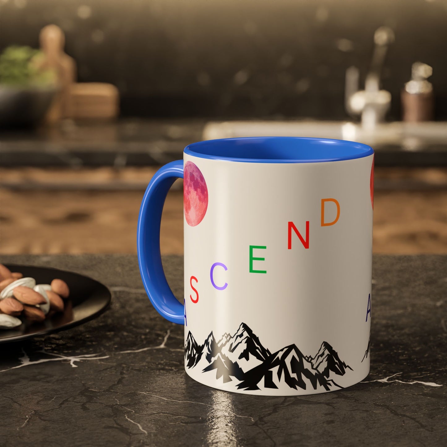Ascend Mountain Mug — Colorful Rainbow Lettering with Pink Moon (11oz/15oz)