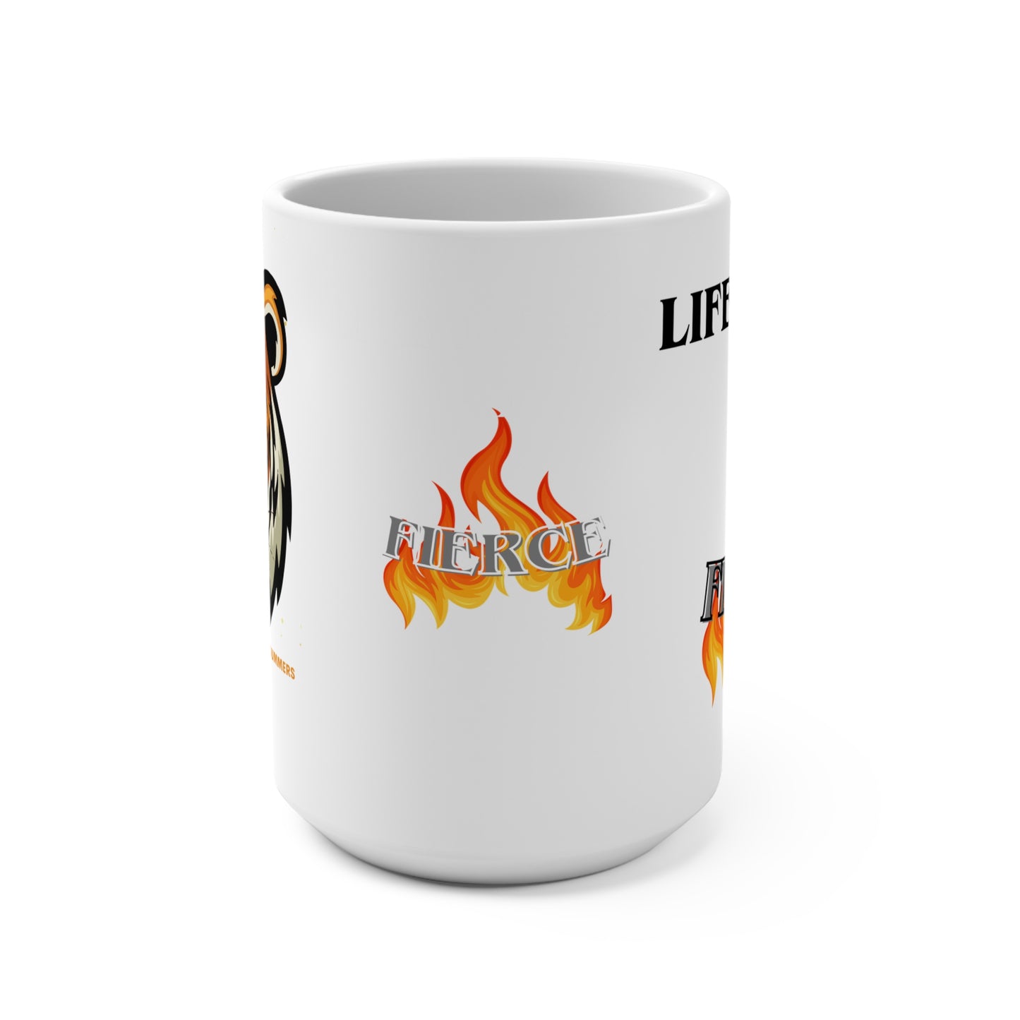 Life begins at Fierce 15oz Mug, Bold Coffee Cup, Motivational Drinkware, Empowerment Gift, Fire-Themed Mug, Spirit of Strength