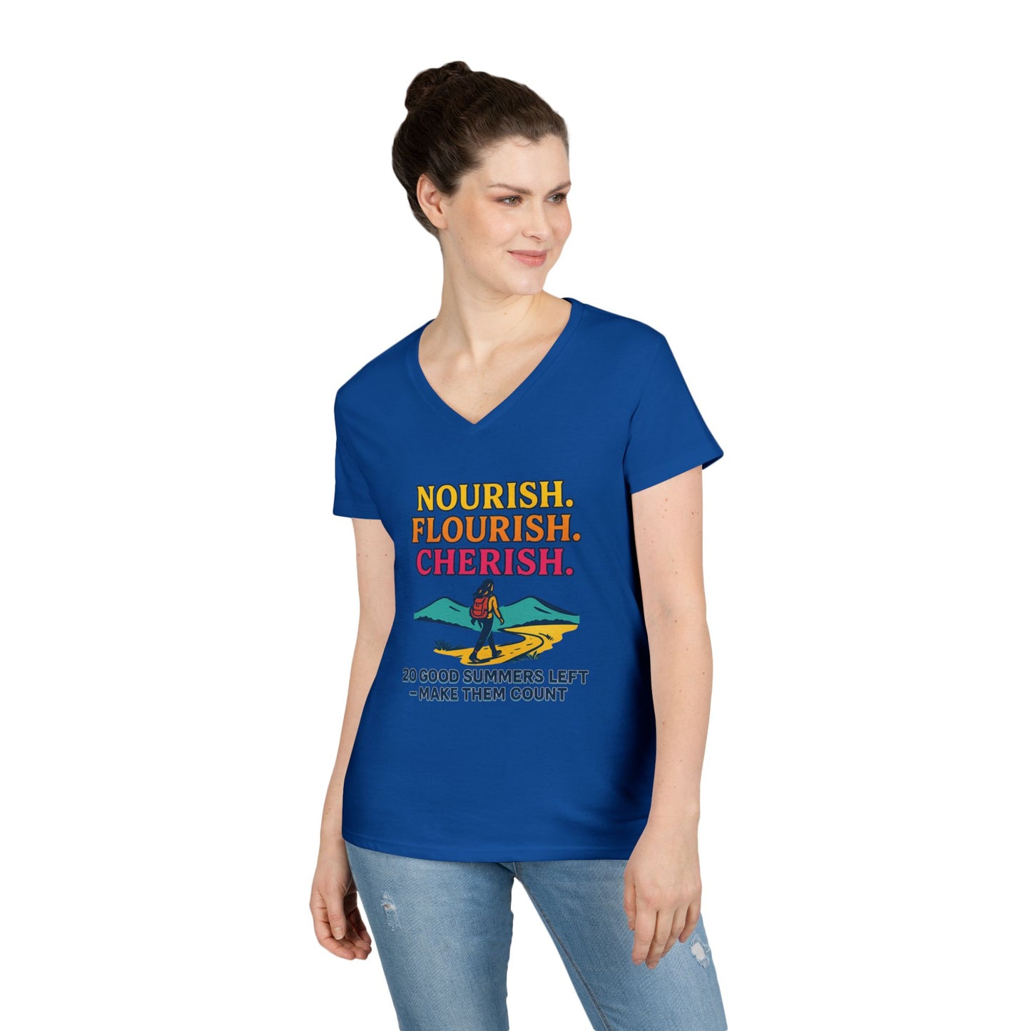 Nourish Flourish Cherish V-Neck Tee — 20 Good Summers Left Inspirational Women's Shirt