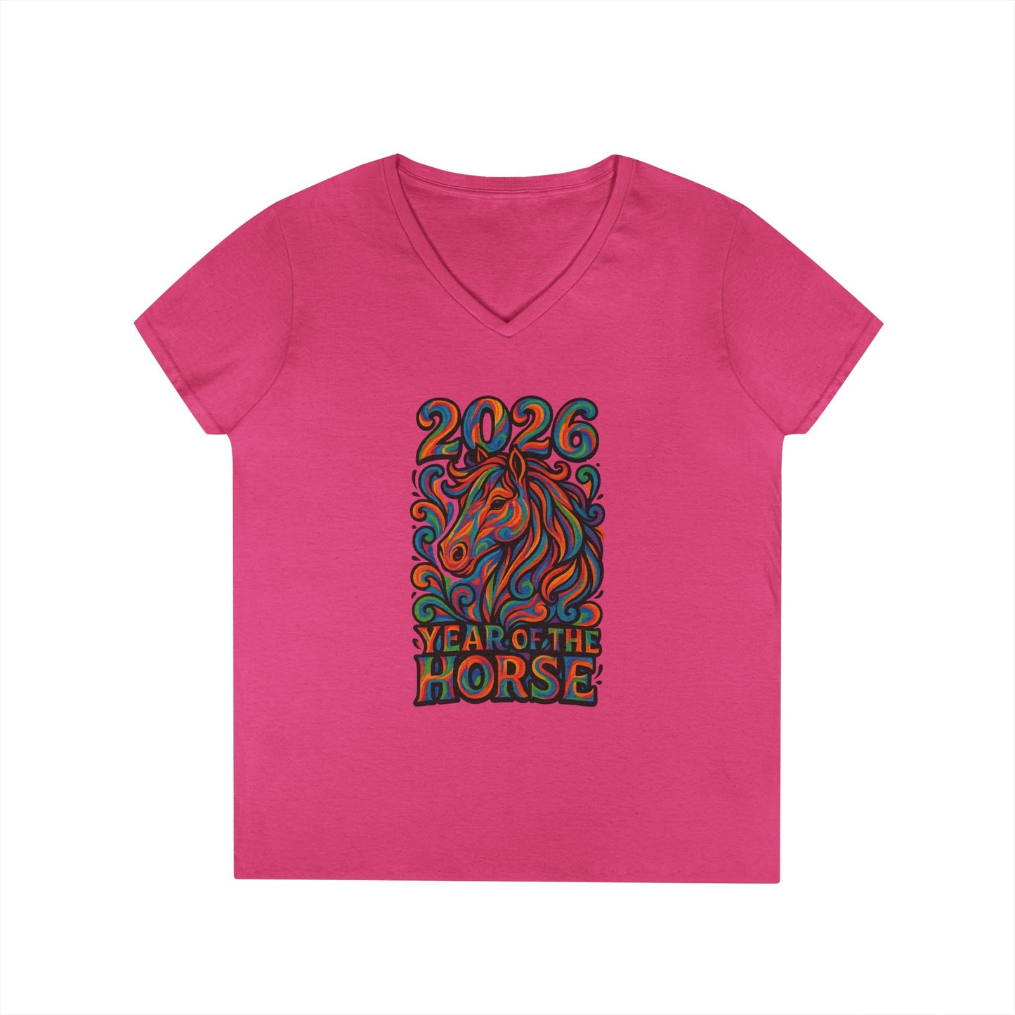 2026 Year of the Horse Ladies' V‑Neck Tee — Colorful Zodiac Horse Design