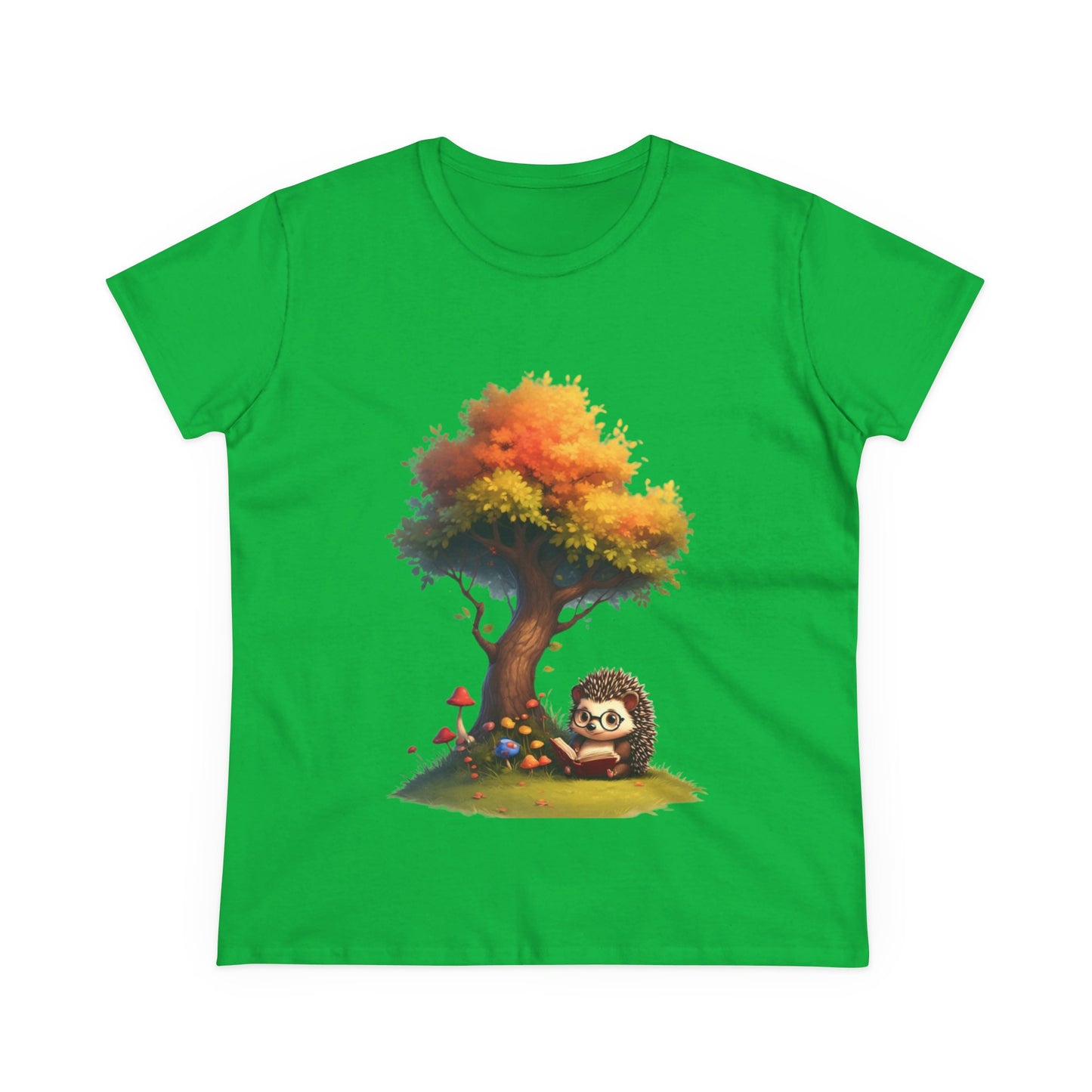 Cute Hedgehog and Autumn Tree T-Shirt, Fall Apparel, Nature Lover Gift, Women's Casual Tee, Gift for Her, Seasonal Style