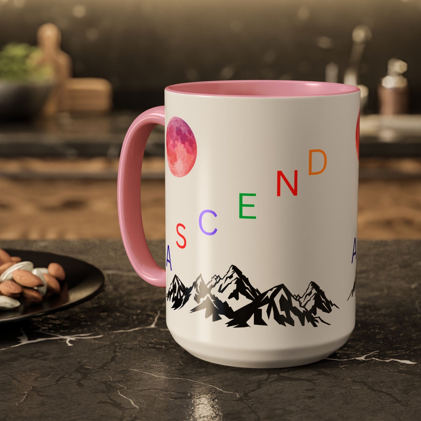 Ascend Mountain Mug — Colorful Rainbow Lettering with Pink Moon (11oz/15oz)