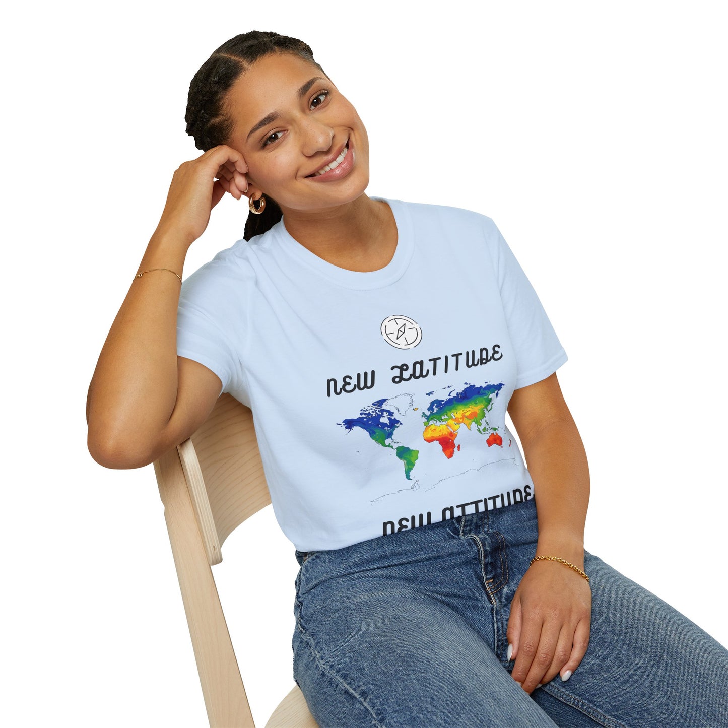 New Latitude New Attitude Map T-Shirt, Colorful World Map Travel Tee, 100%Cotton
