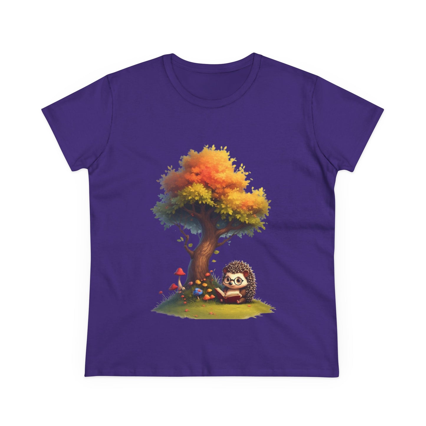 Cute Hedgehog and Autumn Tree T-Shirt, Fall Apparel, Nature Lover Gift, Women's Casual Tee, Gift for Her, Seasonal Style