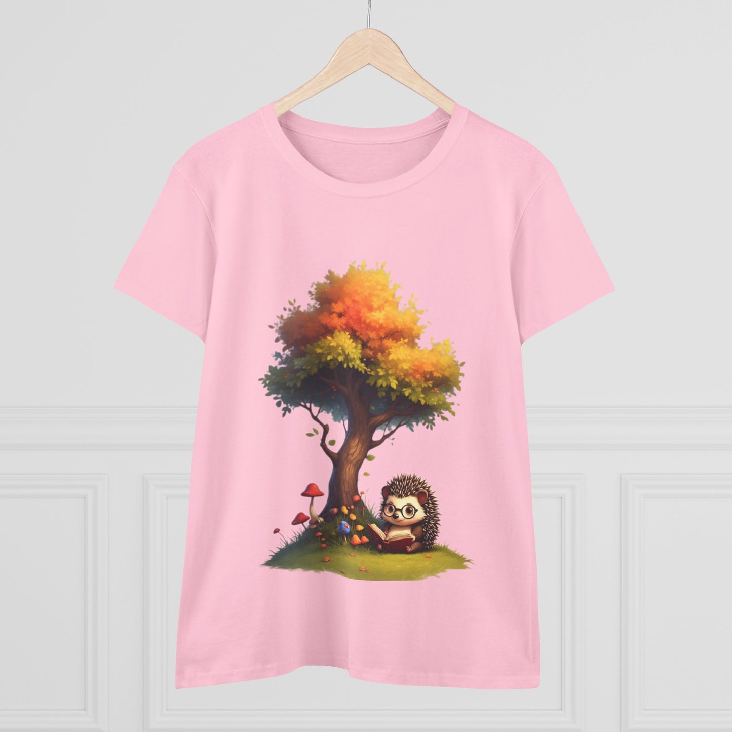 Cute Hedgehog and Autumn Tree T-Shirt, Fall Apparel, Nature Lover Gift, Women's Casual Tee, Gift for Her, Seasonal Style