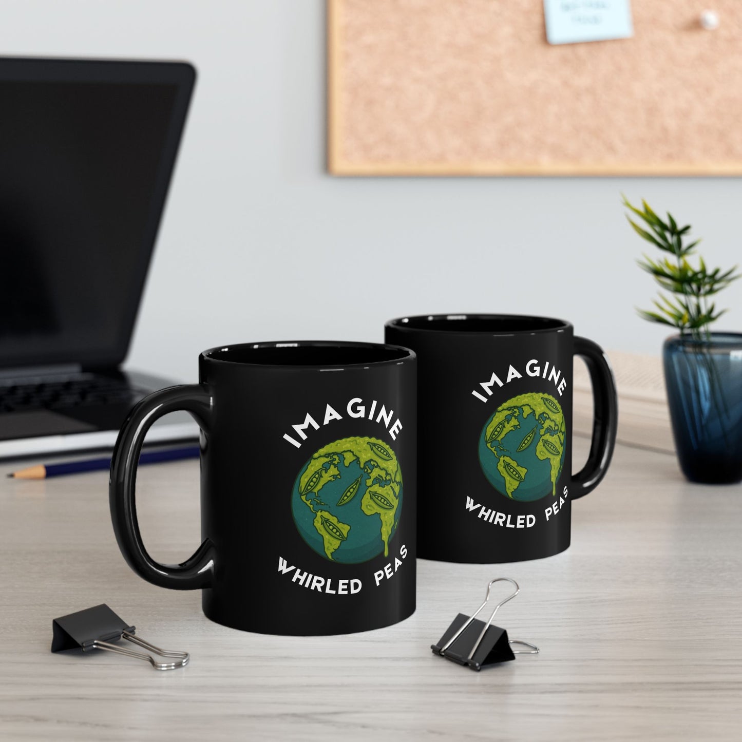 Imagine Whirled Peas Whimsical black Coffee Mug - 11oz & 15oz , Great Gift, Funny Ceramic Mug