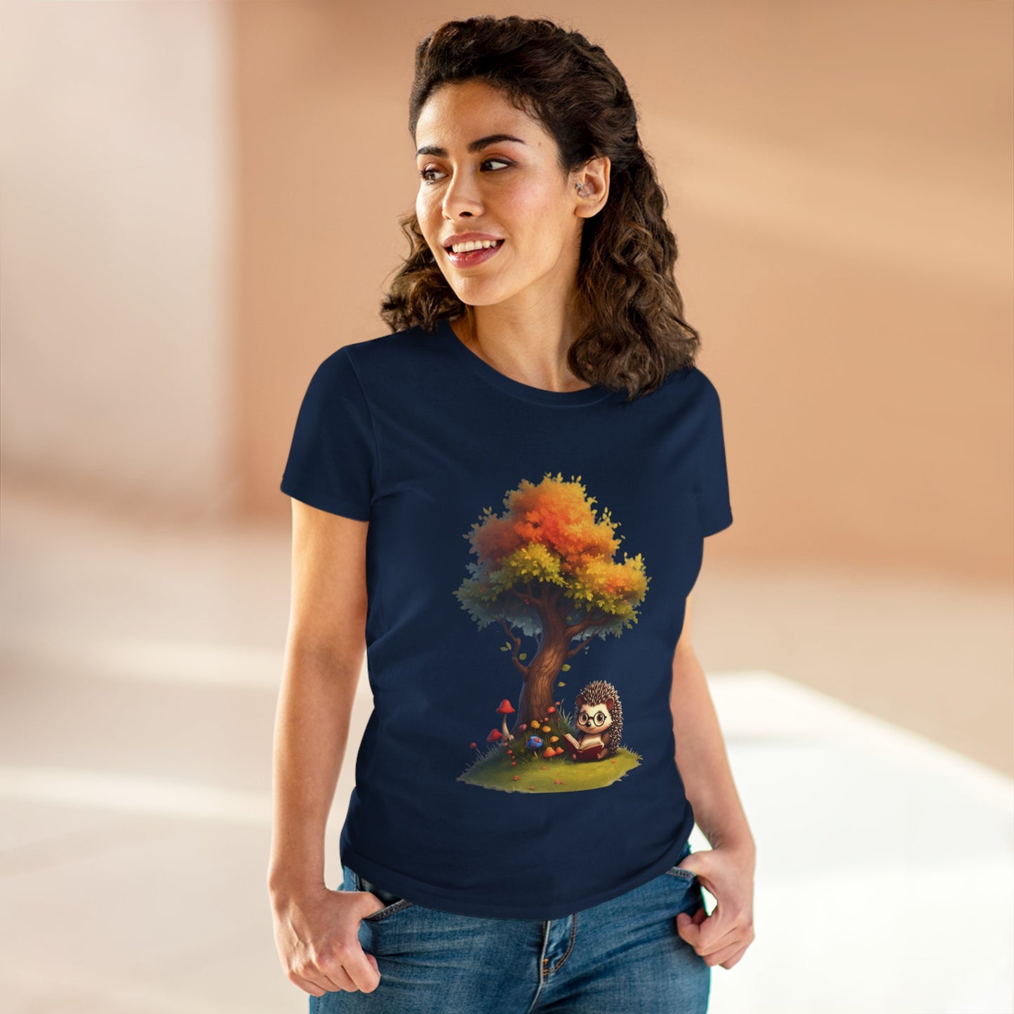 Cute Hedgehog and Autumn Tree T-Shirt, Fall Apparel, Nature Lover Gift, Women's Casual Tee, Gift for Her, Seasonal Style