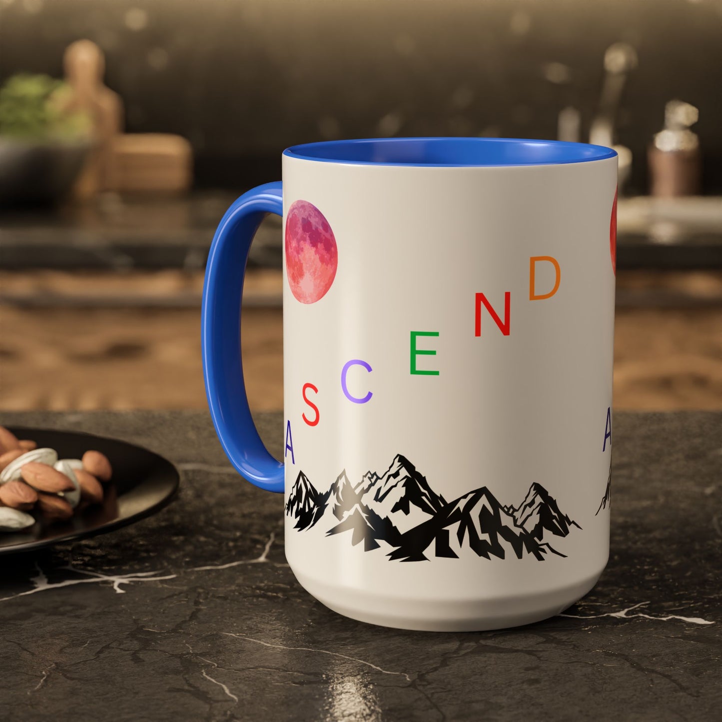 Ascend Mountain Mug — Colorful Rainbow Lettering with Pink Moon (11oz/15oz)
