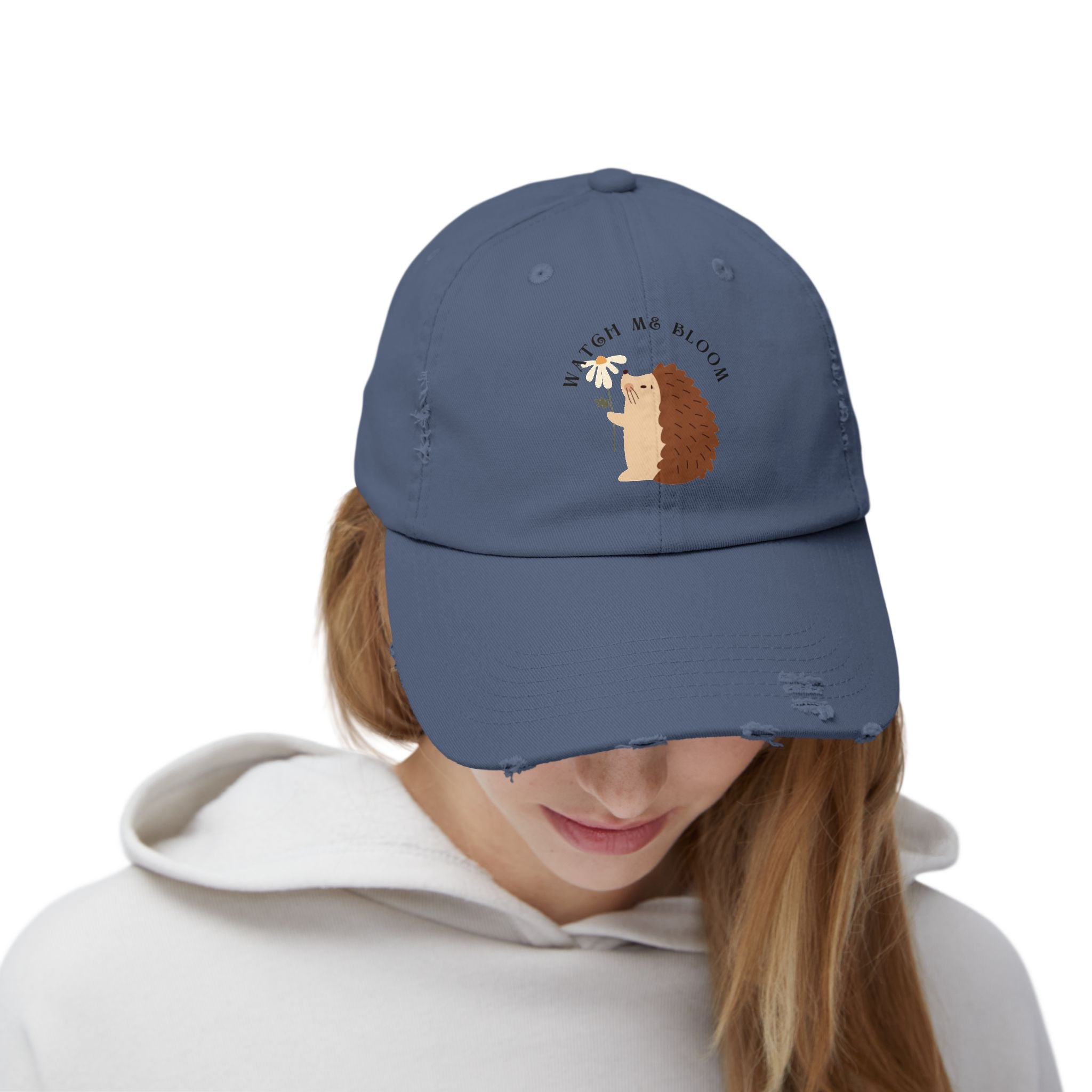 Watch Me Bloom Unisex Distressed Cap - Cute Animal Hat, Hedgehog Lover Gift, Vintage Style Cap, Casual Outdoor Accessory, Fun Birthday Present