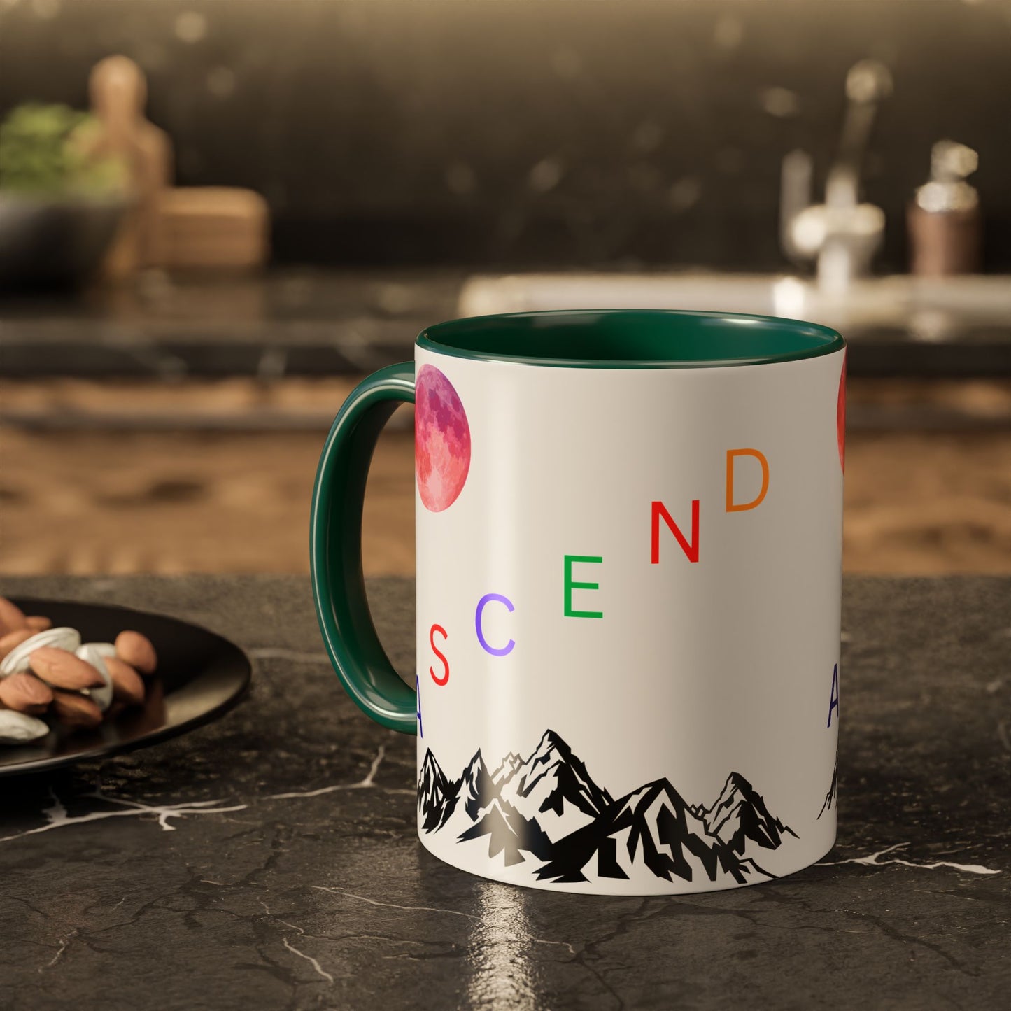 Ascend Mountain Mug — Colorful Rainbow Lettering with Pink Moon (11oz/15oz)