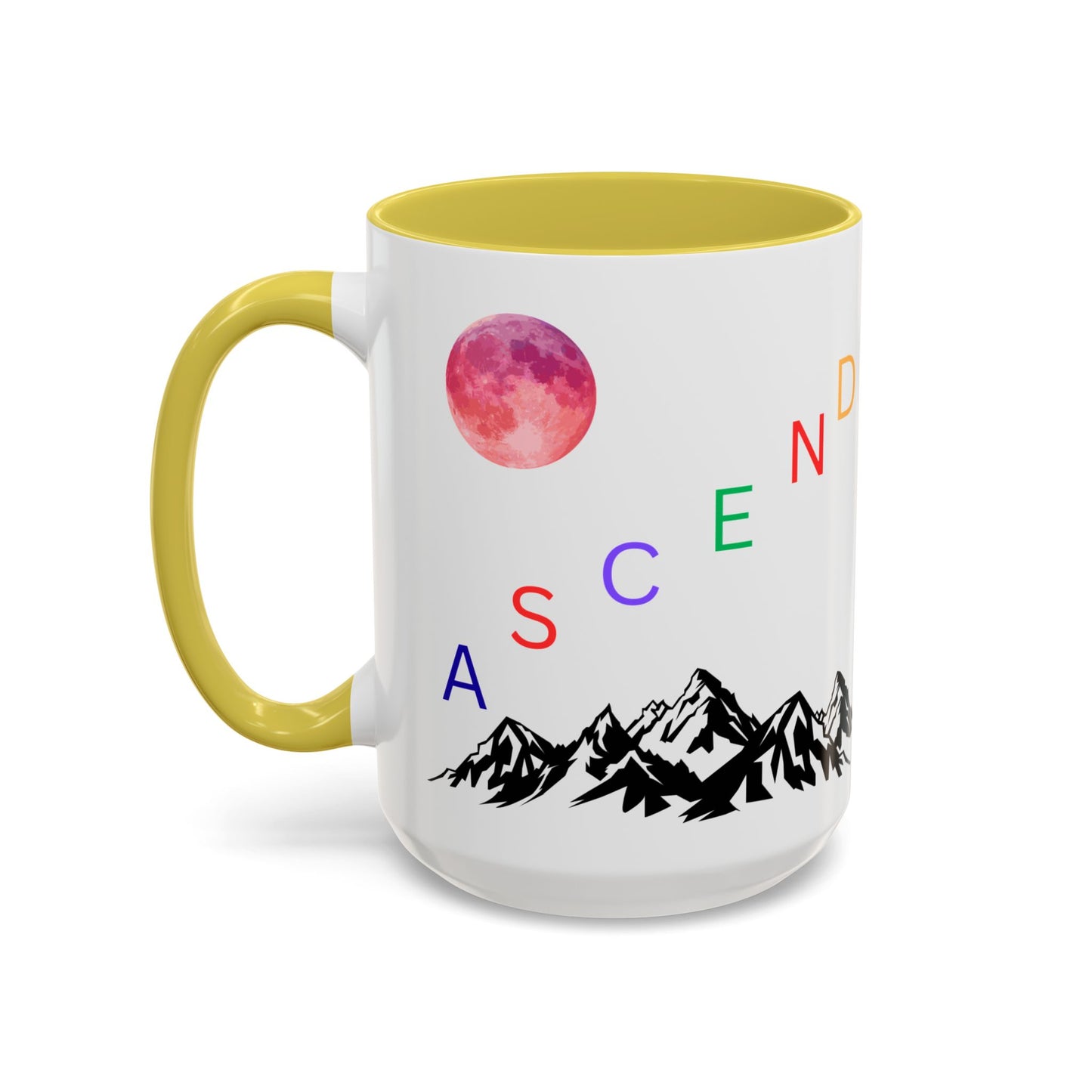 Ascend Mountain Mug — Colorful Rainbow Lettering with Pink Moon (11oz/15oz)