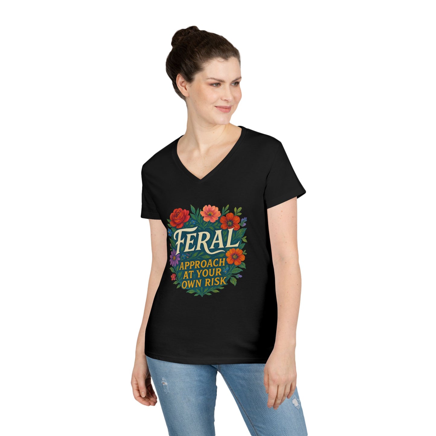 Feral Floral V-Neck Tee — “Feral: Approach At Your Own Risk” Ladies' Graphic T‑Shirt
