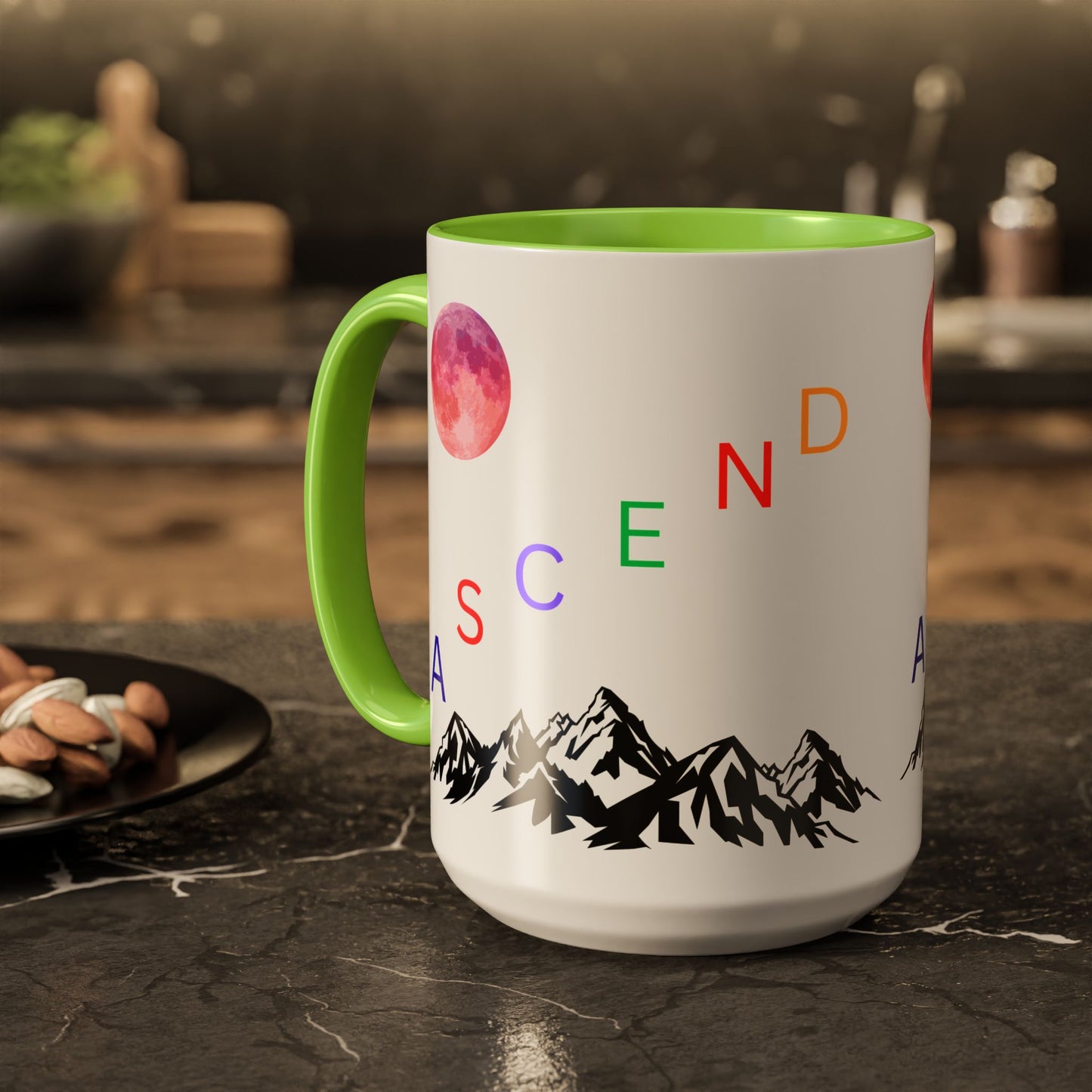 Ascend Mountain Mug — Colorful Rainbow Lettering with Pink Moon (11oz/15oz)