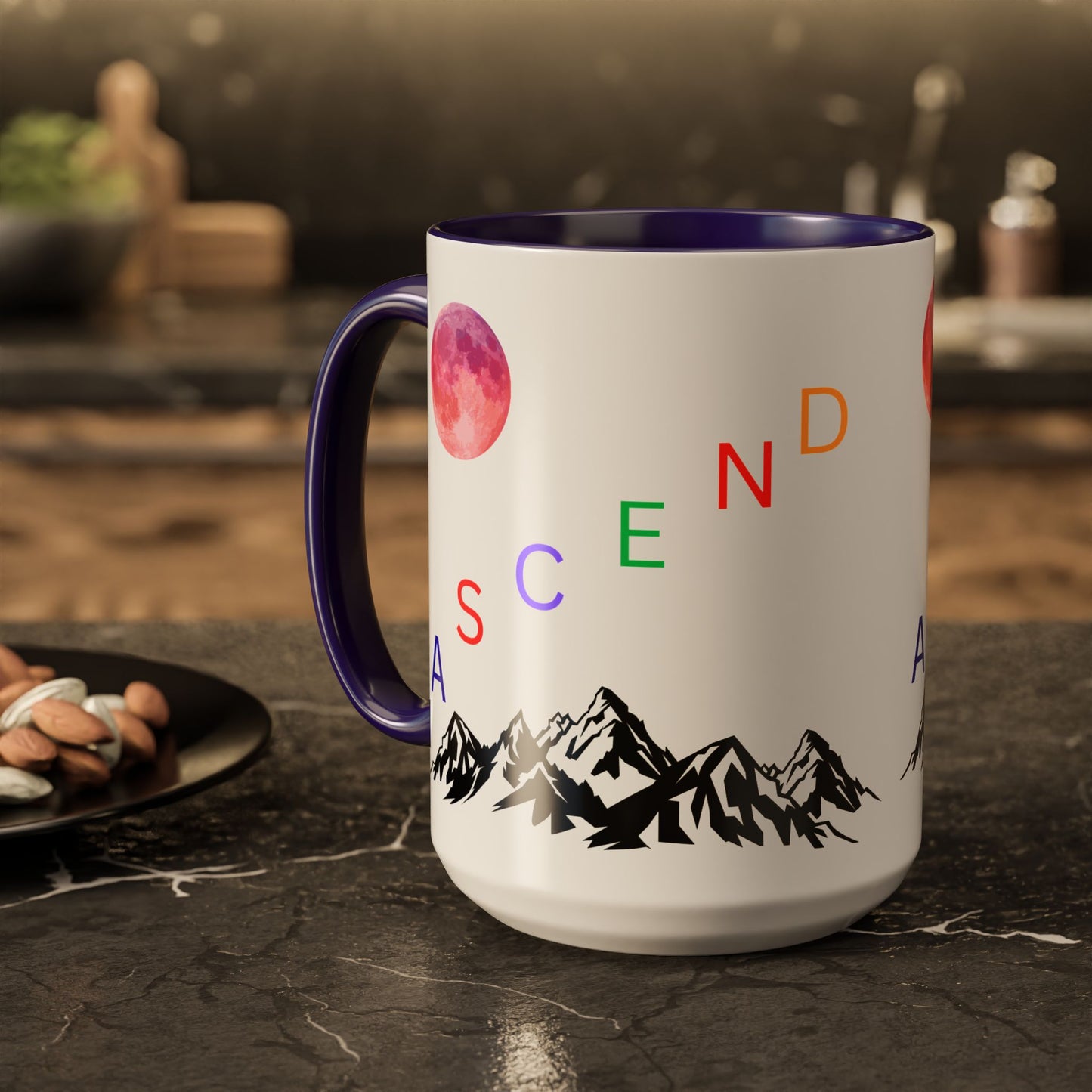 Ascend Mountain Mug — Colorful Rainbow Lettering with Pink Moon (11oz/15oz)