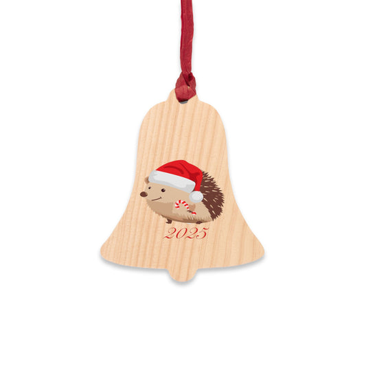 Bell Wooden Ornament, 2025 Hedgehog in Santa Hat Christmas Decoration, Collectable Ornament
