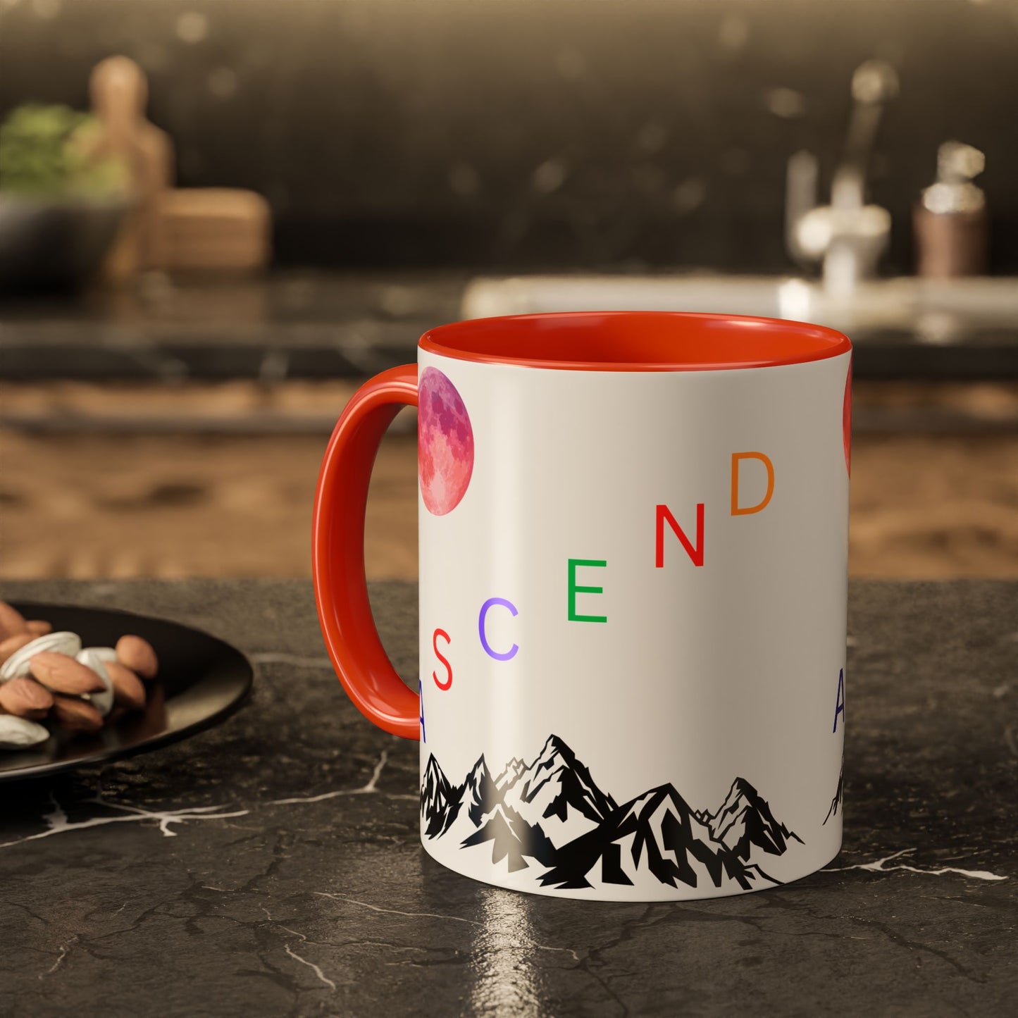 Ascend Mountain Mug — Colorful Rainbow Lettering with Pink Moon (11oz/15oz)