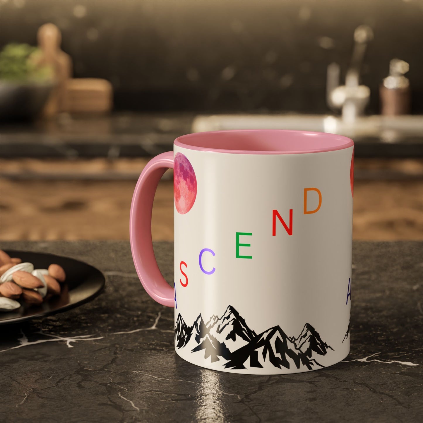 Ascend Mountain Mug — Colorful Rainbow Lettering with Pink Moon (11oz/15oz)