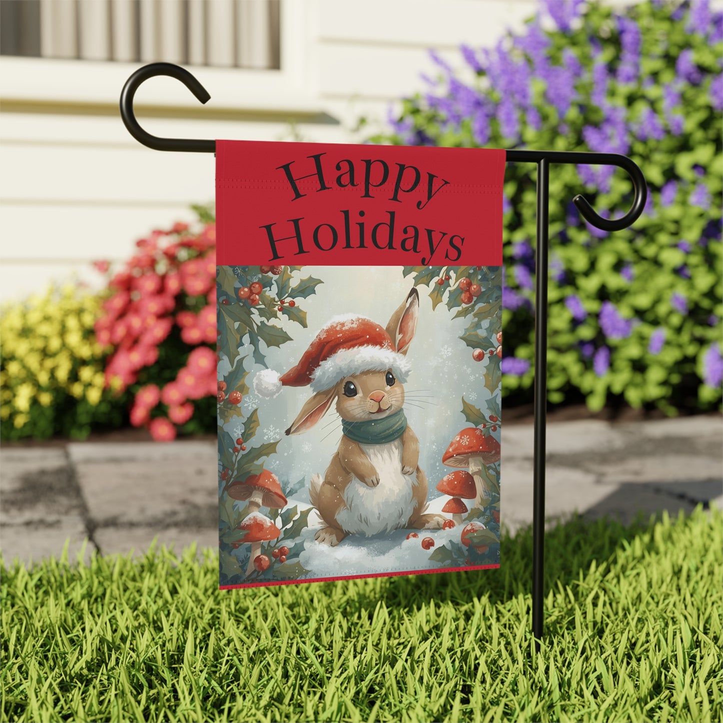 Festive Garden Banner, Happy Holidays Decoration, Rabbit Garden Flag, Outdoor Holiday Decor, Christmas Yard Banner, Seasonal Home Decor