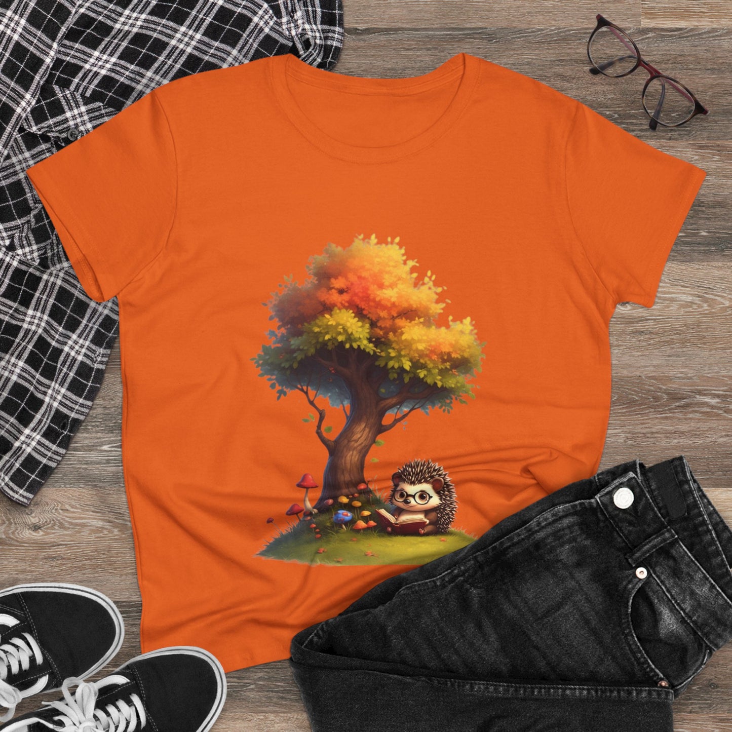 Cute Hedgehog and Autumn Tree T-Shirt, Fall Apparel, Nature Lover Gift, Women's Casual Tee, Gift for Her, Seasonal Style