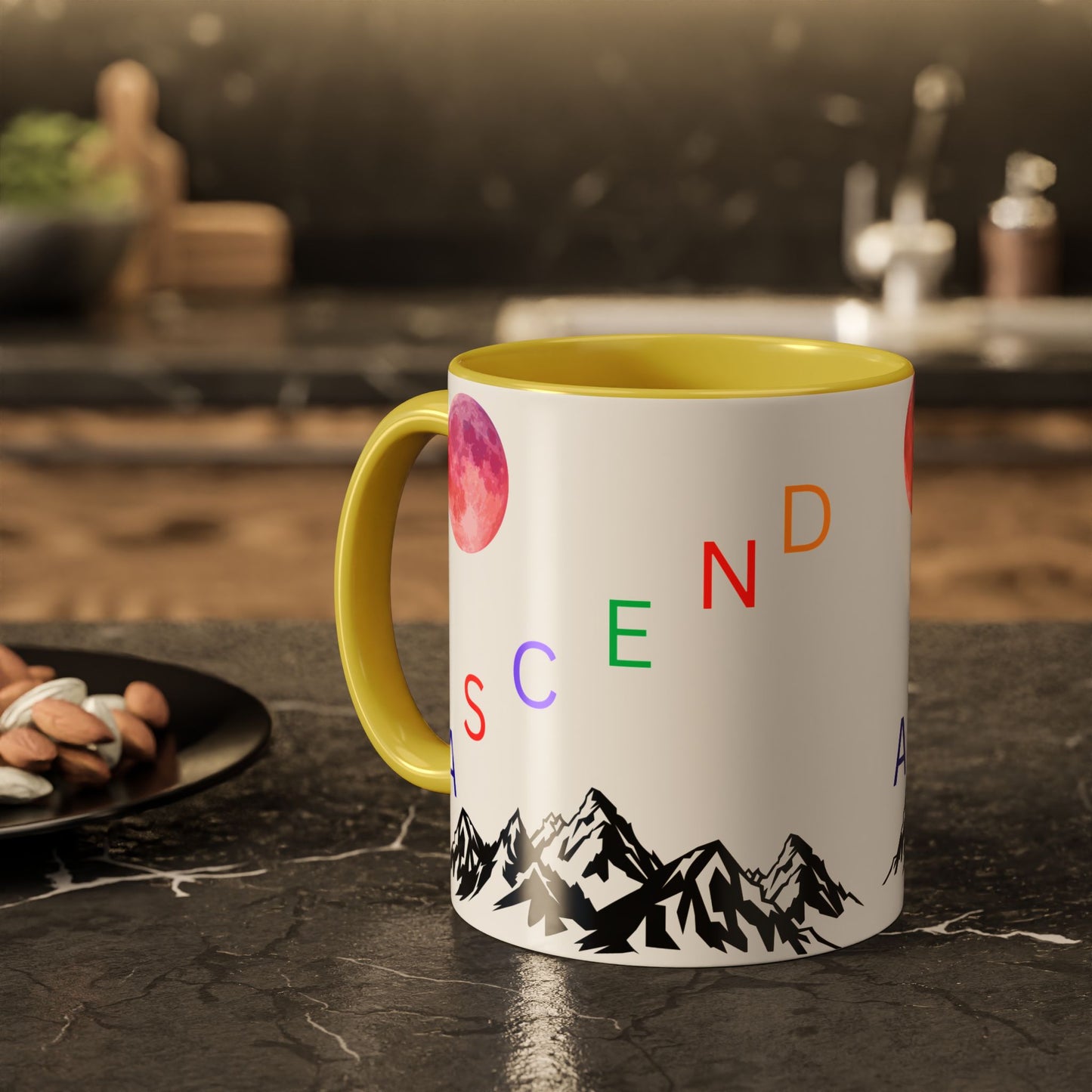 Ascend Mountain Mug — Colorful Rainbow Lettering with Pink Moon (11oz/15oz)