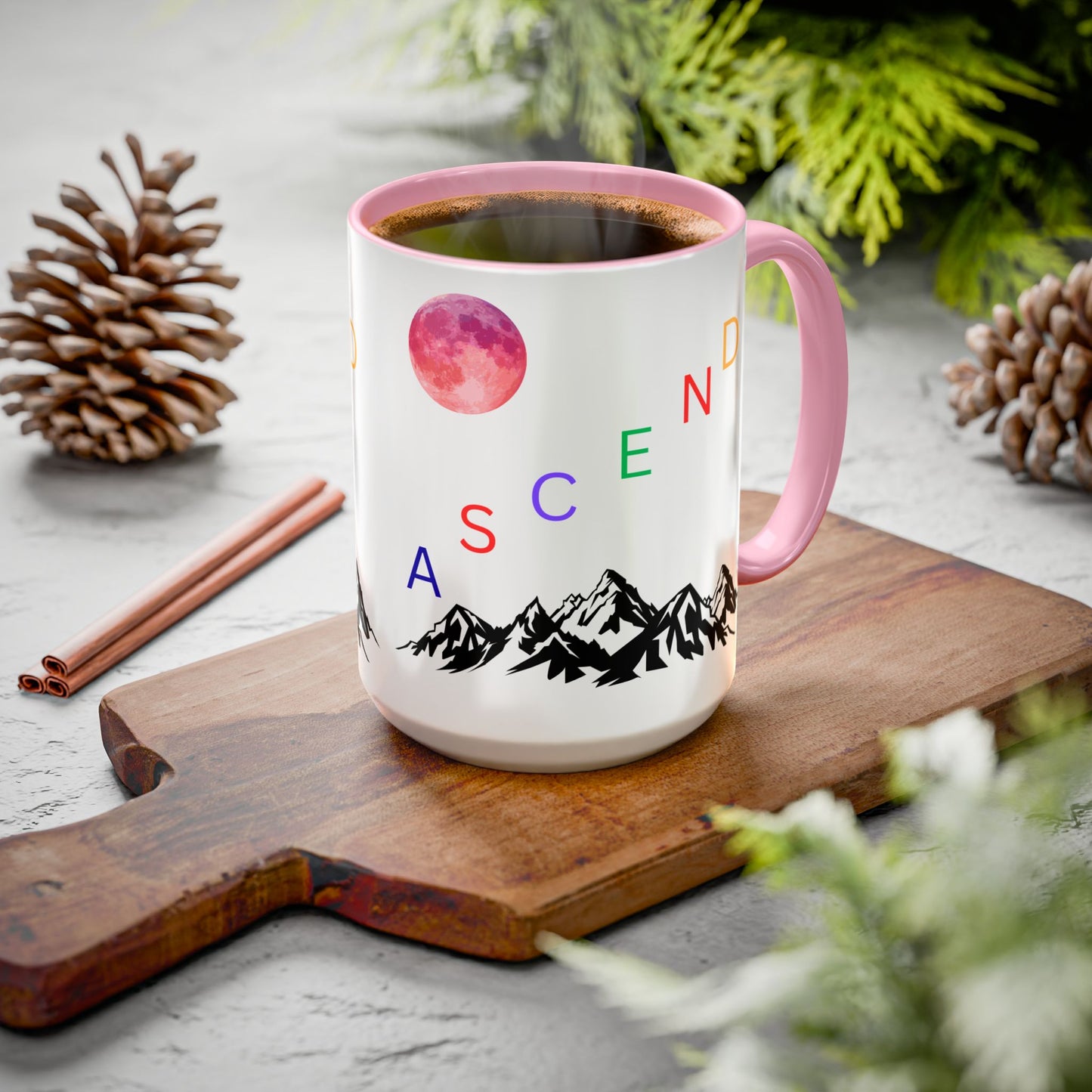 Ascend Mountain Mug — Colorful Rainbow Lettering with Pink Moon (11oz/15oz)