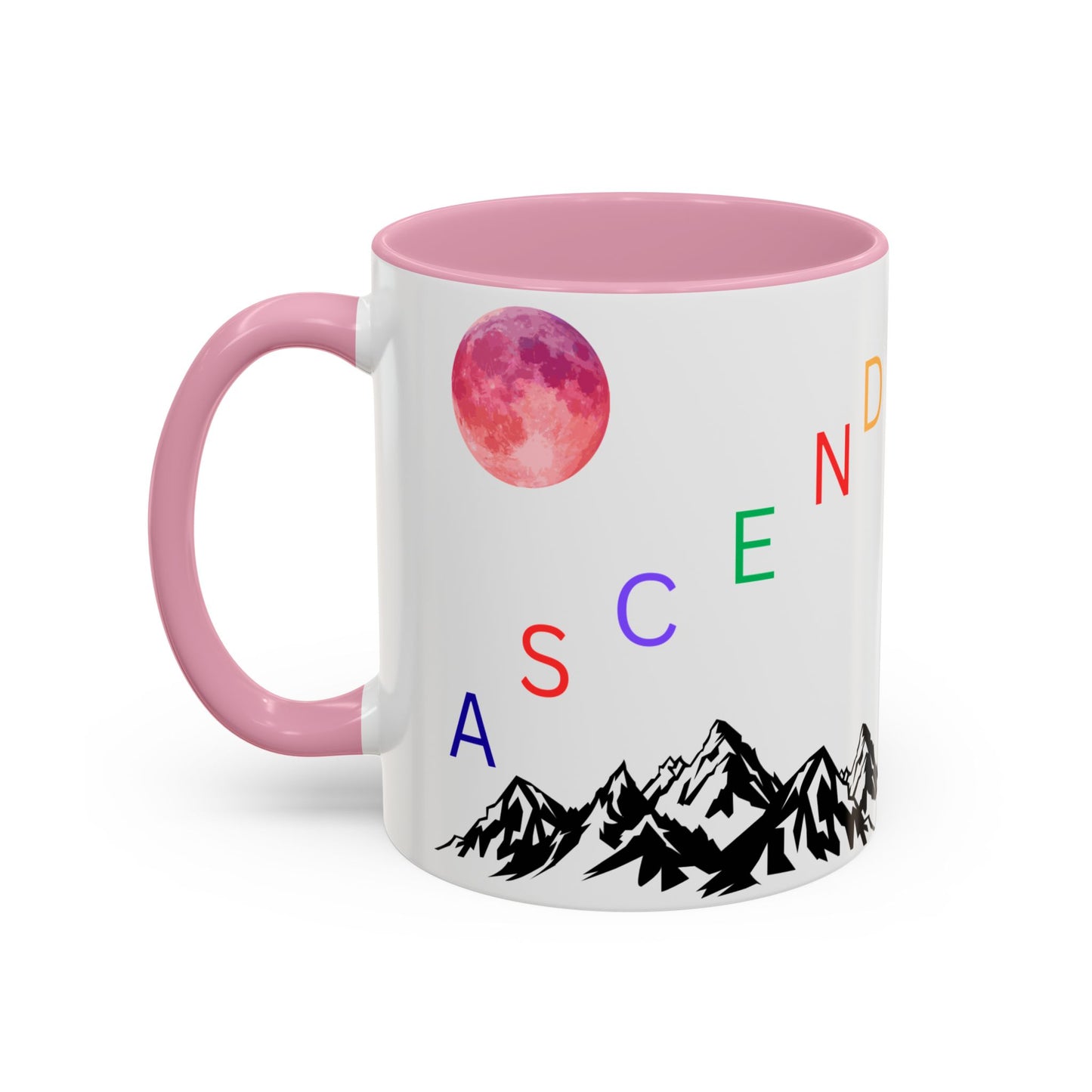 Ascend Mountain Mug — Colorful Rainbow Lettering with Pink Moon (11oz/15oz)