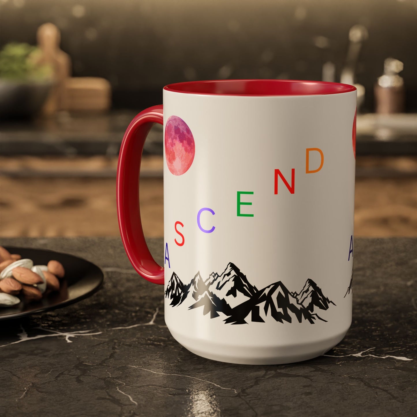 Ascend Mountain Mug — Colorful Rainbow Lettering with Pink Moon (11oz/15oz)